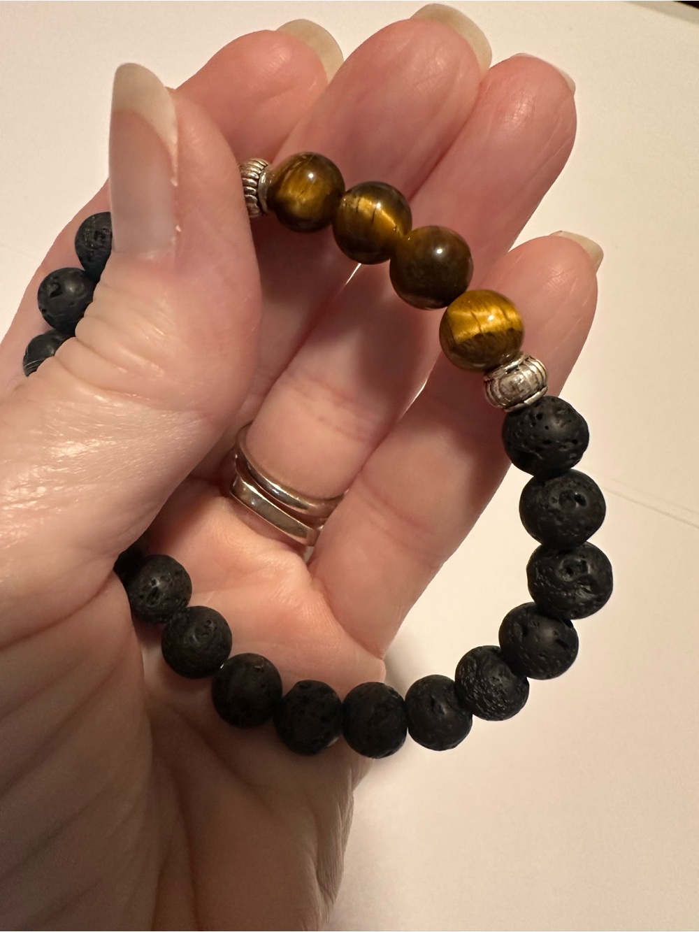 Tiger Eye and Black Lava Bead Stretch Bracelet